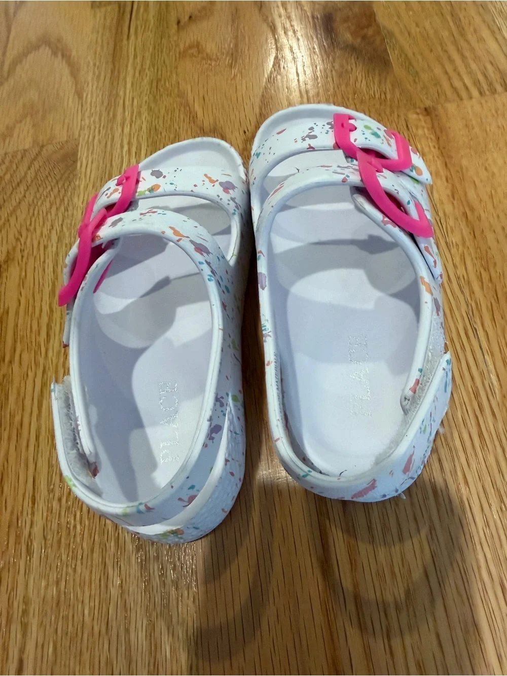 Cat & Jack White Sandals with Pink Buckles and Colorful Paint Splash